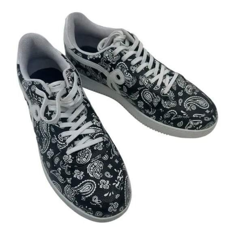 John Geiger GF-01 Sneakers Mens Paisley Black White Leather Low Top‎ Size 7